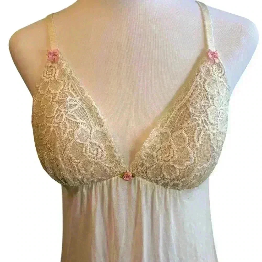 Betsey Johnson Chemise Lingerie  Nightgown Lace Trim Sheer White - Picture 3 of 6